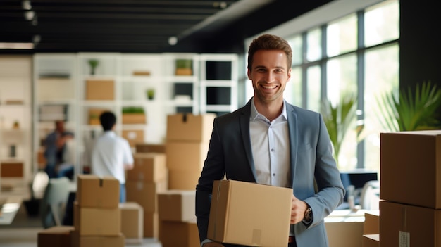 Businessman is moving to a new office Holding a box of things in his hands Created with Generative AI technology