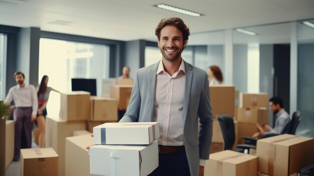 Businessman is moving to a new office Holding a box of things in his hands Created with Generative AI technology