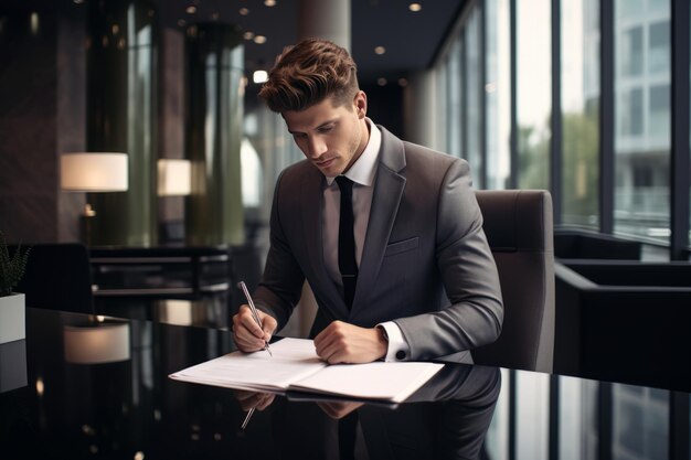 a businessman is signing a piece of paper at an office table in the style of haunting elegance dark gray and light black Generated AI