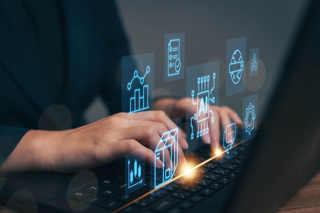 Photo businessman is typing data into computer instructions for ai during work artificial intelligence technology innovation marketing concept