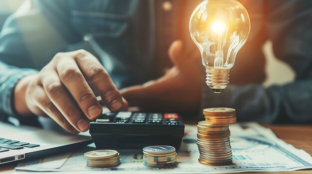 A businessman is using a calculator to count his money He has a stack of coins next to him and a light bulb above his head