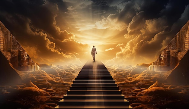 a businessman is walking up steps towards a sunlit sky in the style of immersive environments