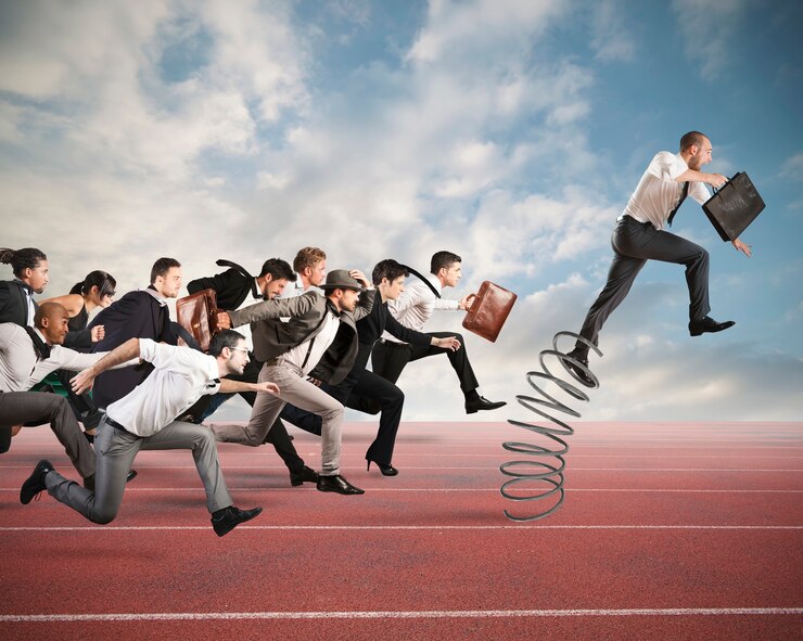 Photo businessman jumping on a spring during a race with opponents