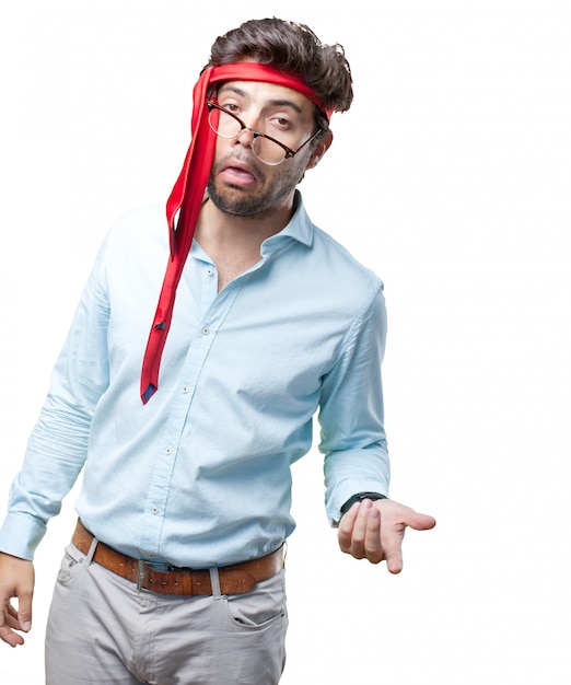 Businessman on late party with tie on head