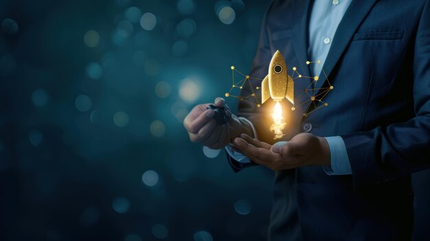 businessman launching a golden rocket towards success