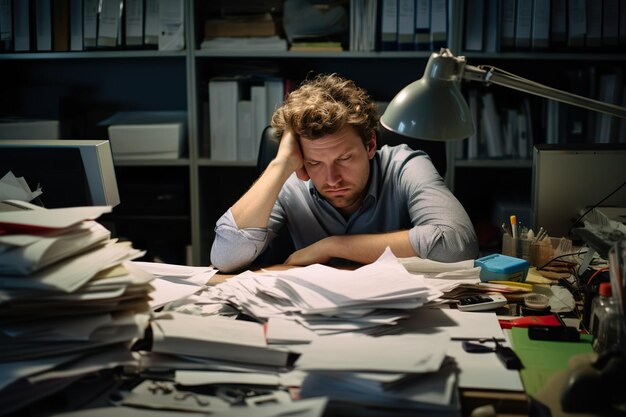 Photo businessman leaning in his work chair he looked bored on work desk documents generative ai