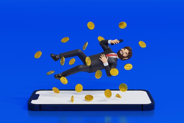 Businessman levitation using smartphone with coin up rising from big smartphone 3D rendering