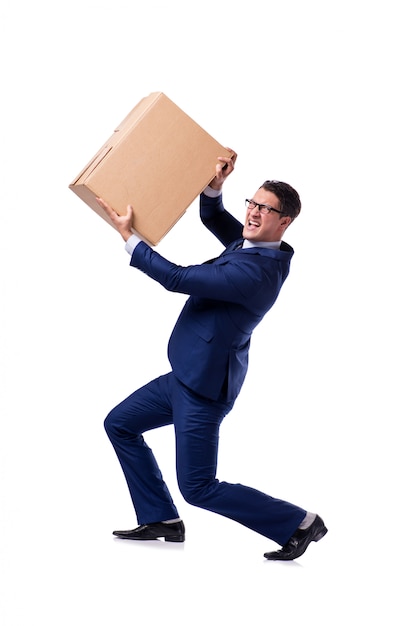 Photo businessman lifting box isolated on white