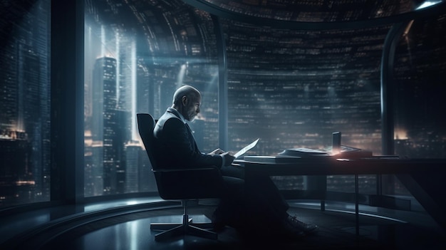 Businessman living in a futuristic city the adventurous businessman body is made up of tv monitors he is reading a book in a futuristic large library