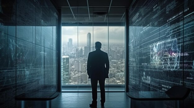 A businessman living in a futuristic city it watches the data on dozens of screens surrounding it