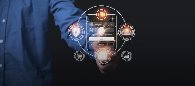 ビジネスデータと個人情報をハッカーから保護するためのパスワードと指スキャンによるビジネスマンのログイン技術サイバーセキュリティデータコンセプトIoTとインターネット技術の使用