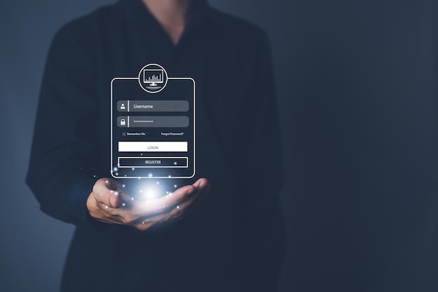 businessman login with username and password for technology cyber security internet and networking system information security and encryption concept surveillance of personal database
