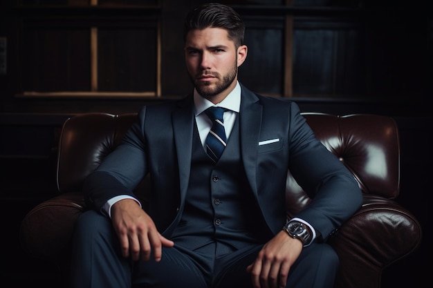 Photo businessman looking away while sitting on sofa