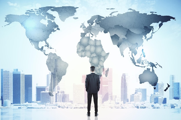 businessman looking on city and digital world map hologram