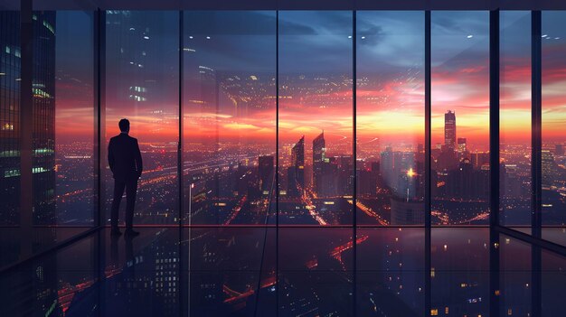 Businessman looking at the city from the window 3D rendering