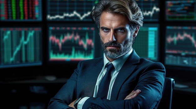 businessman looking confidently at the camera forex trading tickers