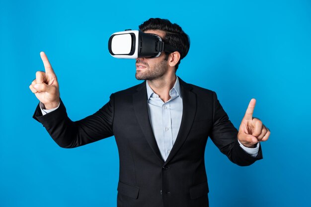 Photo businessman looking at data analysis while wearing vr glass and suit deviation