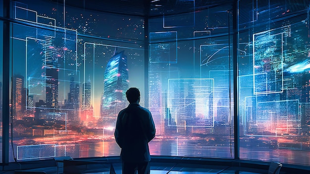 A businessman looking at financial graphs on screen with large city lights