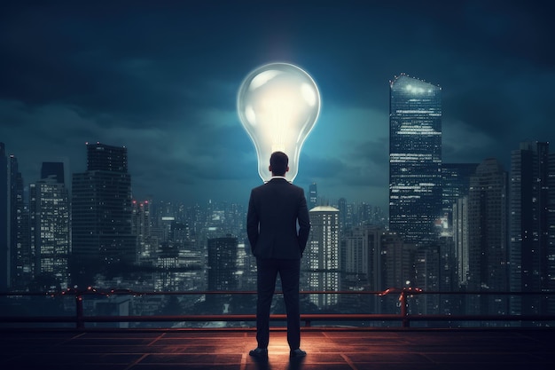 Businessman looking at giant lightbulb overlooking city buildings at night AI