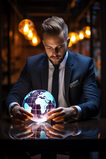 Businessman looking at a glowing globe in his hands