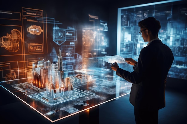 Businessman looking at holographic city hologram on dark background Mixed media Businessman analyzes profitability of working companies with digital augmented reality graphics AI Generated