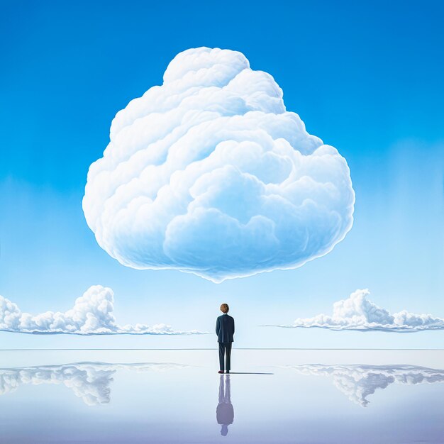 бизнесмен смотрит на огромное облако, стоящее над озером