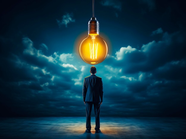 Businessman looking into light bulb from the back idea concept Generative AI