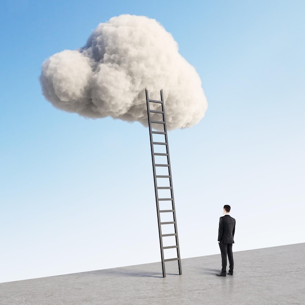 Businessman looking at ladder leading to cloud on blue sky background Up and success concept