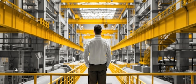 businessman looking at machinery in an industry factory