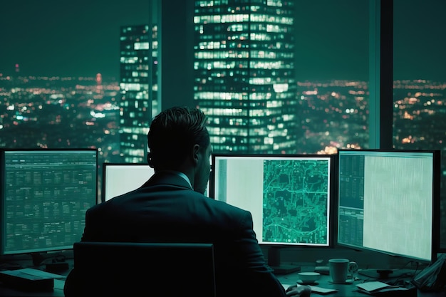 Businessman looking at multiple computer screens in a modern office at night Generative AI