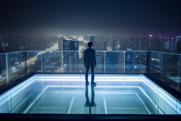 Businessman looking at night city from the top of a skyscraper Generative AI