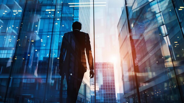 Businessman looking out at the city from a skyscraper window