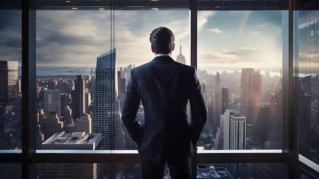 businessman looking out of a highrise window