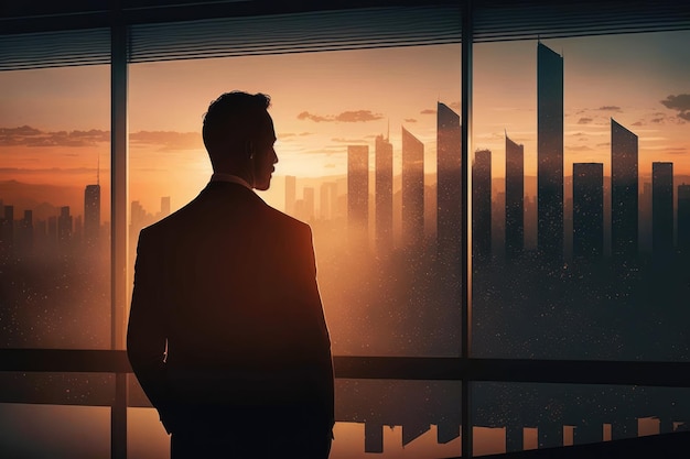 Businessman looking out window sunset concept