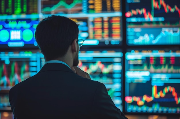 Photo businessman looking at the stock exchange on the trading graph background with ai generated