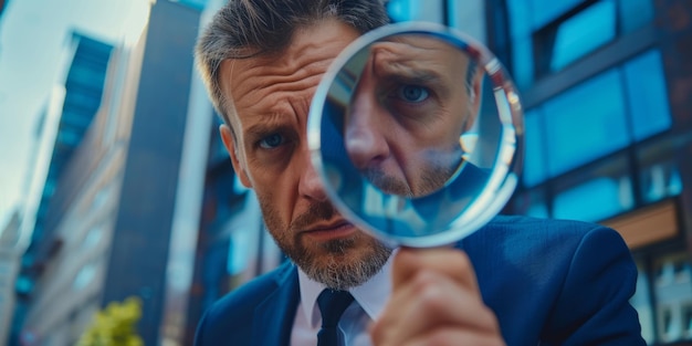 写真 拡大鏡を通して見ているビジネスマン 状況を監視する検索 ジェネレーティブai