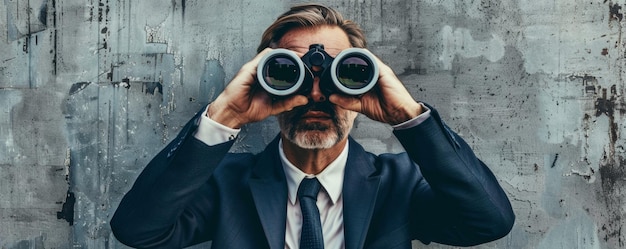 Foto un uomo d'affari che guarda con il binocolo sullo sfondo grunge