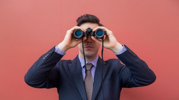 Businessman looking through binoculars isolated on white wall