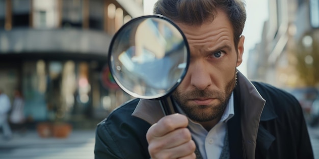 Businessman looking through a magnifying glass searching monitoring the situation Generative AI