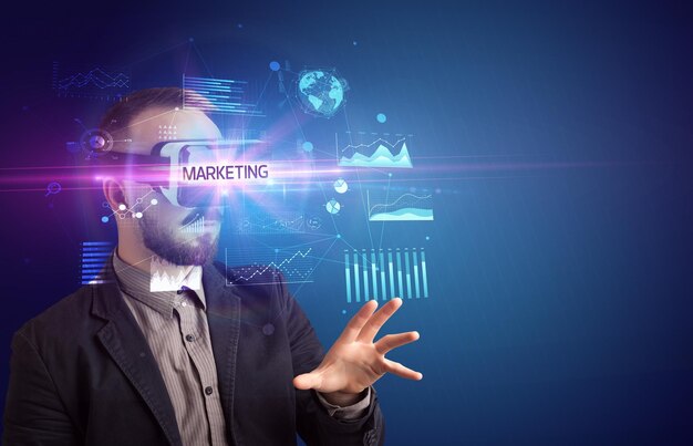 Businessman looking through Virtual Reality glasses