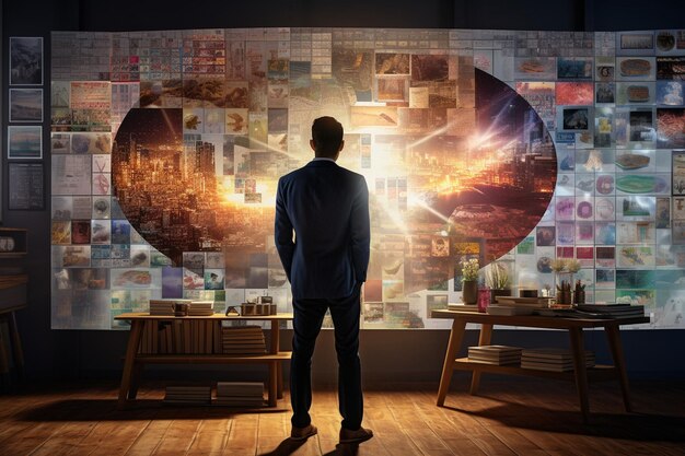 Photo a businessman looking at a vision board with generative ai