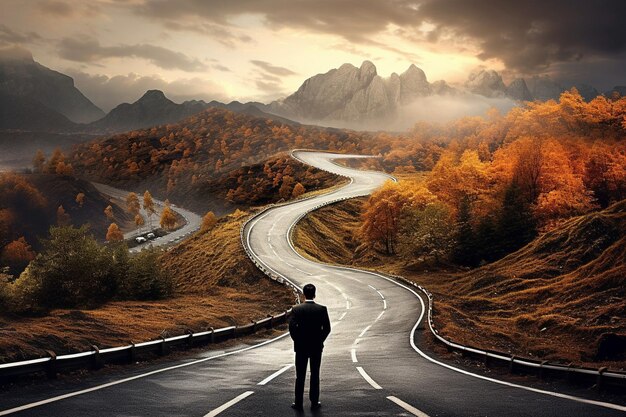 Photo businessman looking at a wavy road