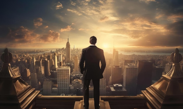 A businessman looks at the city and the sunrise from a height