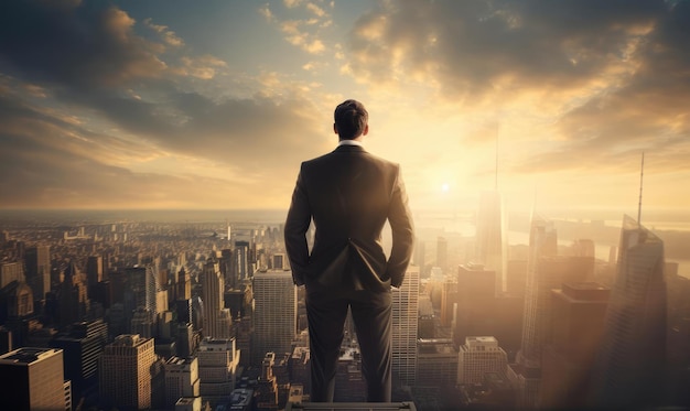 A businessman looks at the city and the sunrise from a height