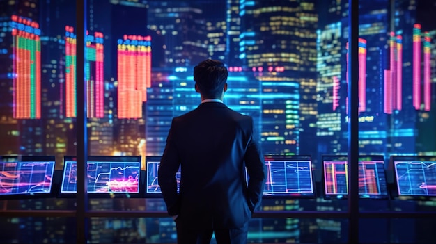 Businessman looks out the window and sees financial charts Economy investments concept AI generated