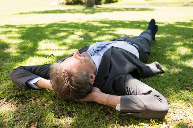 Businessman lying on grass in park