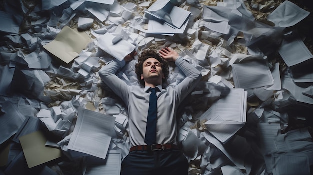 Photo businessman lying on pile of papers by generative ai