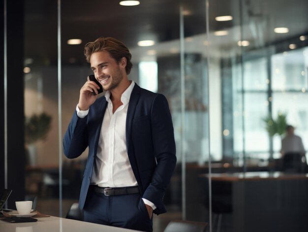 Businessman make phone call by table in office smiling