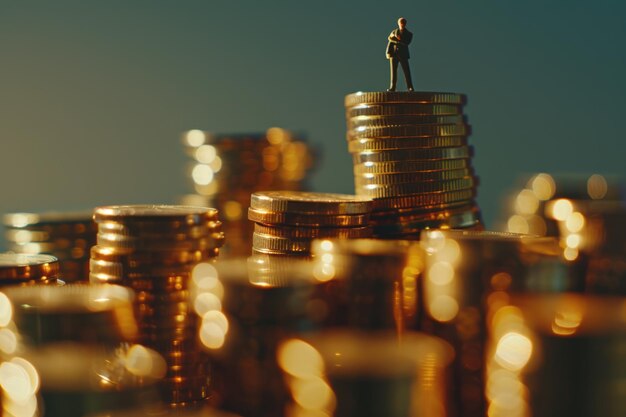 Photo businessman making decisions on coins stacks success partnerships