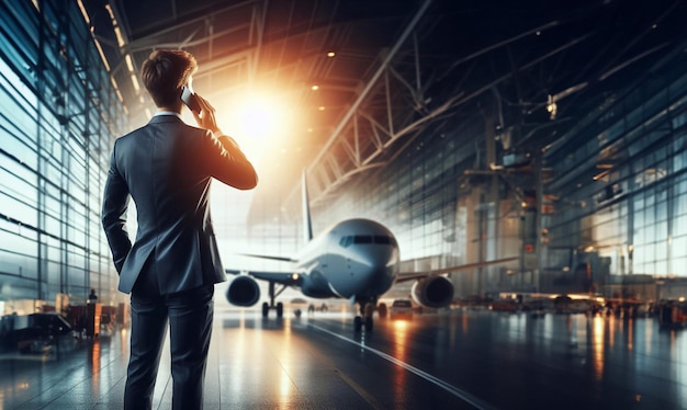 Бизнесмен совершает телефонный звонок в аэропорту на фоне припаркованного самолета бизнес-концепция генеративный ай-арт